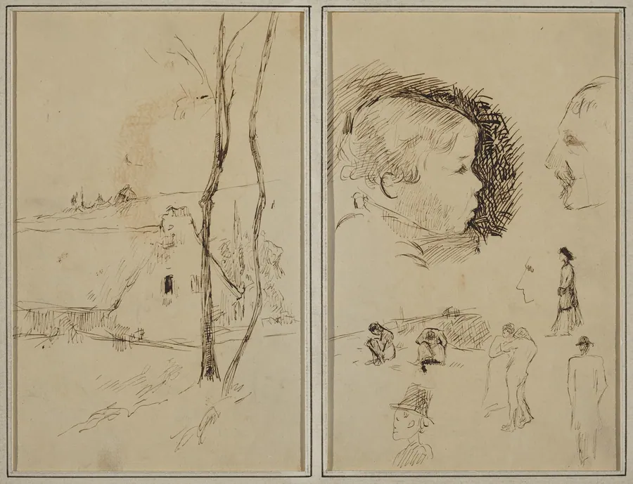 Landscape with a Cottage; Profile of Boy, Profile of Man, Two Women in a Landscape, and Five Other Studies [verso] by Paul Gauguin