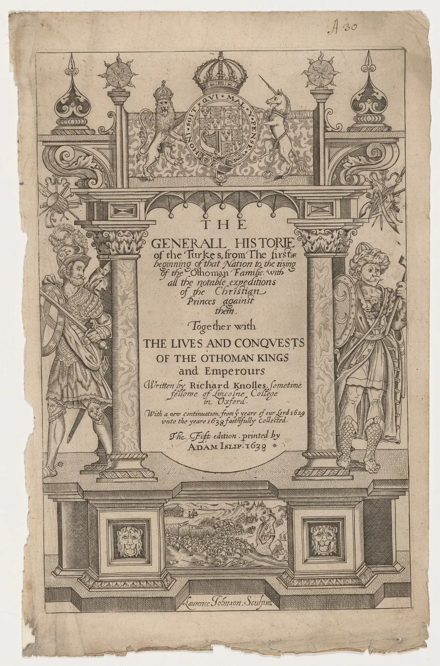 Title Page for R. Knolles Generall Historie of the Turkes by George Keller