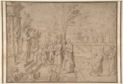 A Saint Addressing Figures from the Steps of a Temple