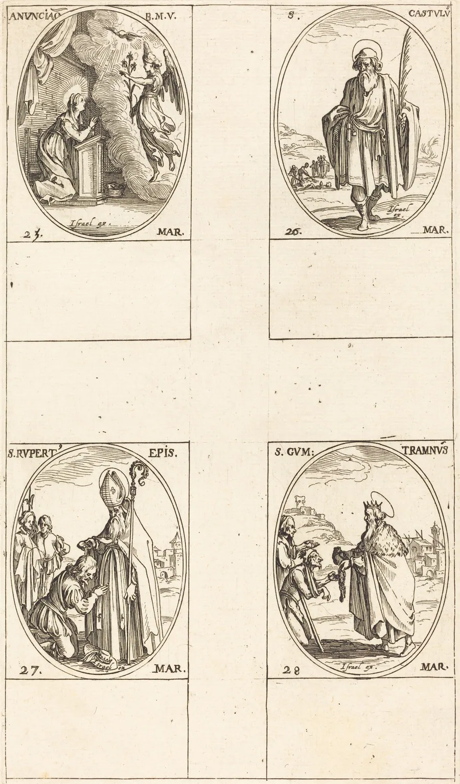 The Annunciation; St. Castulus; St. Rupert; St. Gontran by Jacques Callot