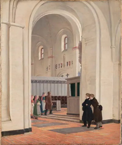 Parti af det indvendige af Ringsted Kirke. I forgrunden Constantin Hansen og Jørgen Roed
