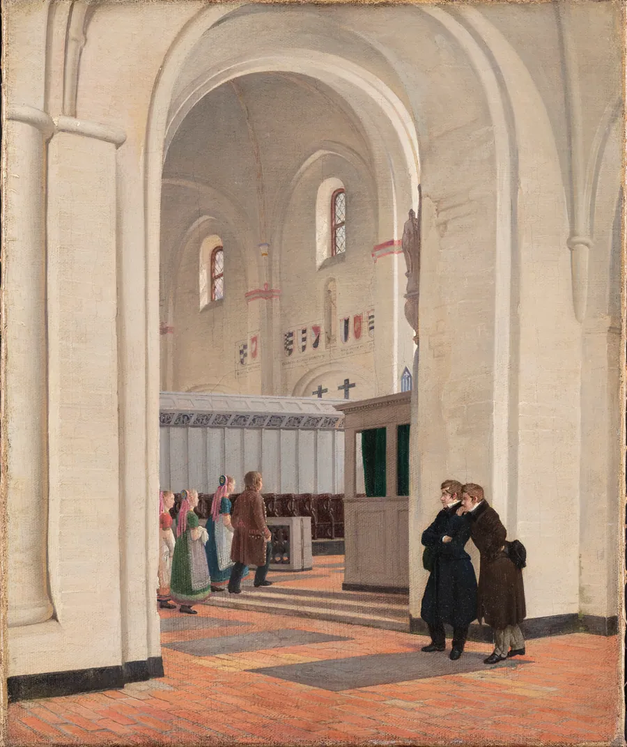 Parti af det indvendige af Ringsted Kirke. I forgrunden Constantin Hansen og Jørgen Roed by Constantin Hansen