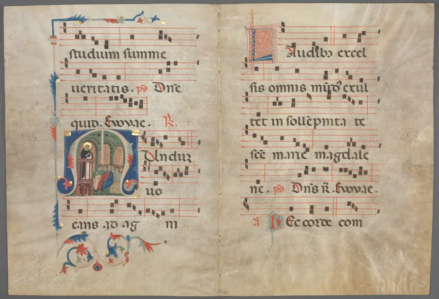 Bifolium from an Antiphonary: Initial M with Saint Dominic Preaching by Primo Miniatore di San Domenico