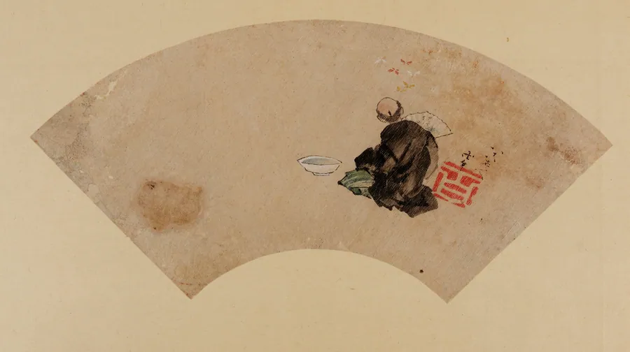 A man with a fan, butterflies, and a bowl of water by Katsushika Hokusai 葛飾北斎 (1760-1849)