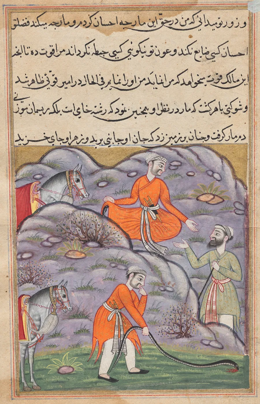 The emir slays the snake after giving it shelter, from a Tuti-nama (Tales of a Parrot): Forty-fifth Night