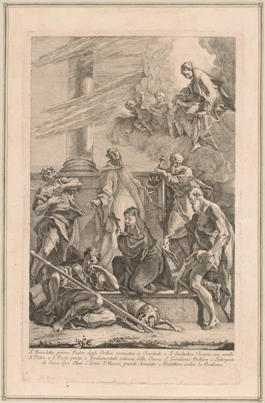 The Madonna and Child with Two Angels and Saints Scholastica, Benedict, Roch, Peter, Paul and Jerome by Francesco Fontebasso