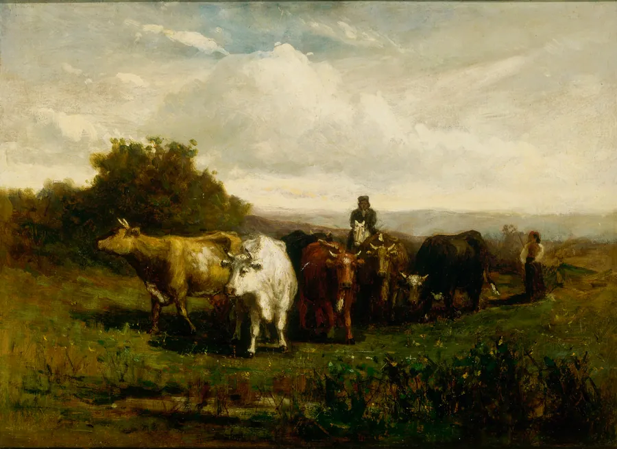 Untitled (man on horseback, woman on foot driving cattle) by Edward Mitchell Bannister, born St. Andrews, New Brunswick, Canada 1828-died Providence, RI 1901