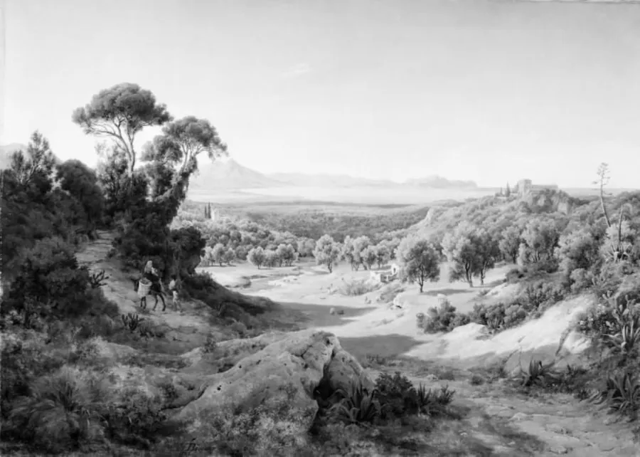 Udsigt over landskabet fra Bagheria til Palermo og Monte Pellegrino på Sicilien by A.W. Boesen