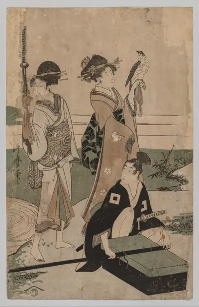 Daimyō and his Retinue Crossing a Stream in Plain Near Fuji