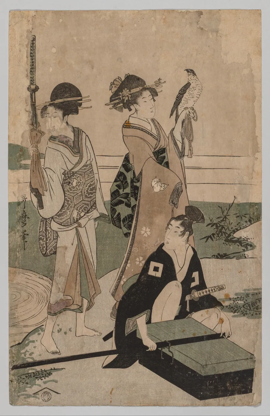 Daimyō and his Retinue Crossing a Stream in Plain Near Fuji by Kitagawa Utamaro