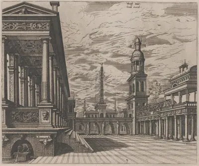 Town Square with a Colonnade at Left
