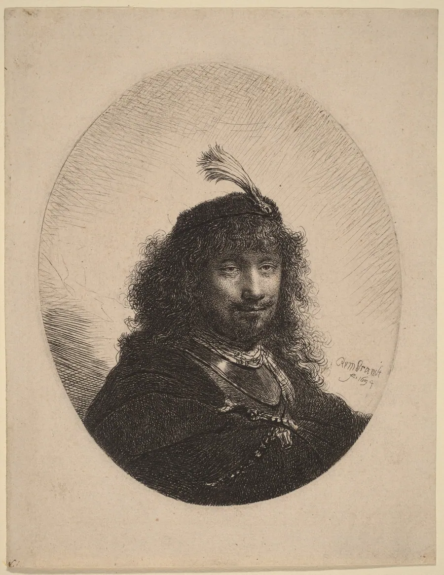 Self-Portrait (?) with Plumed Cap and Lowered Sabre by Rembrandt van Rijn
