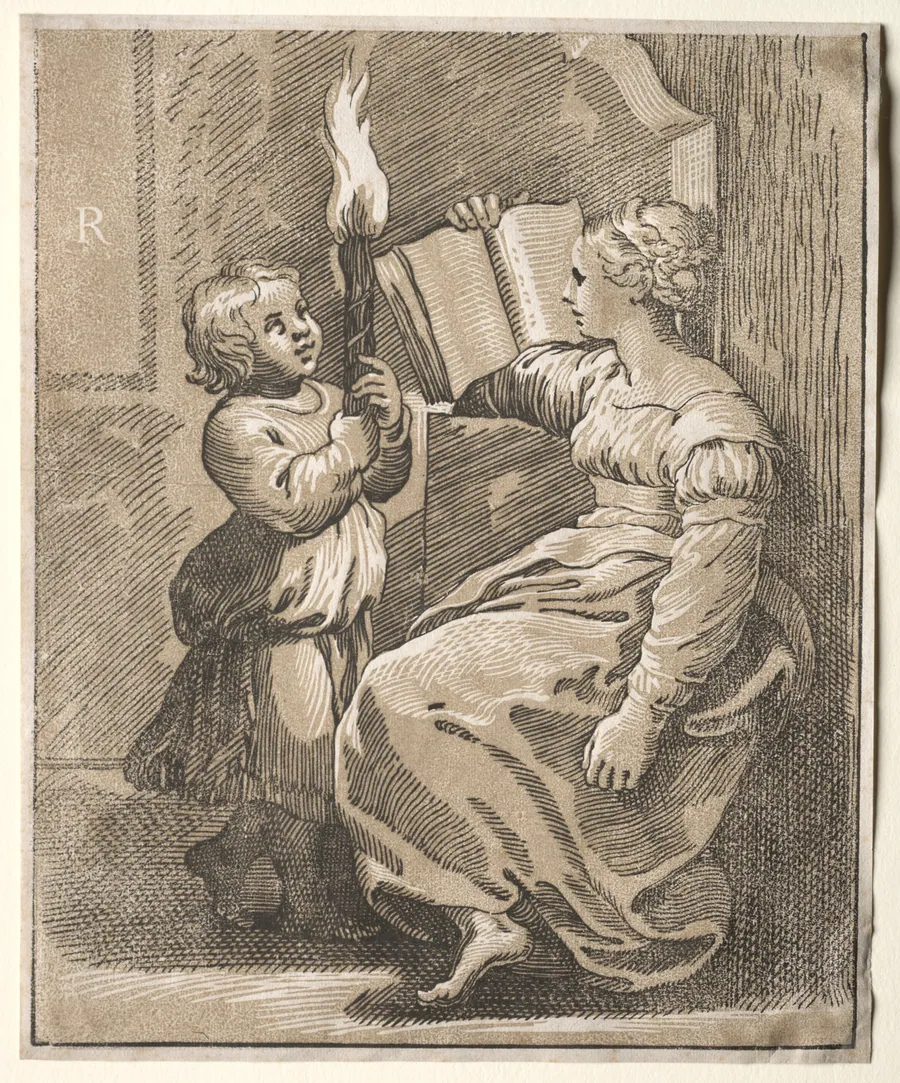 Sibyl Reading with a Child Holding a Torch by Ugo da Carpi