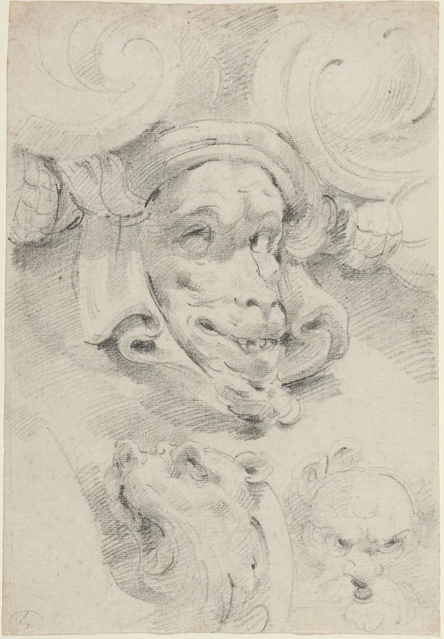 Ornamental Sketches with Grotesque Masks by Pierre Puget