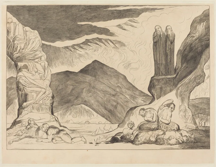 The Circle of the Falsifiers: Dante and Virgil Covering their Noses because of the st by William Blake