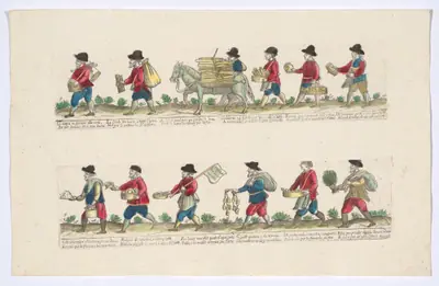 Plate 5 depicting the trades of Rome, here including vendors of pomegranites, bowls, onions etc, from the 'Descrición de las artes que se llaman para los calles de la ciudad de Roma'