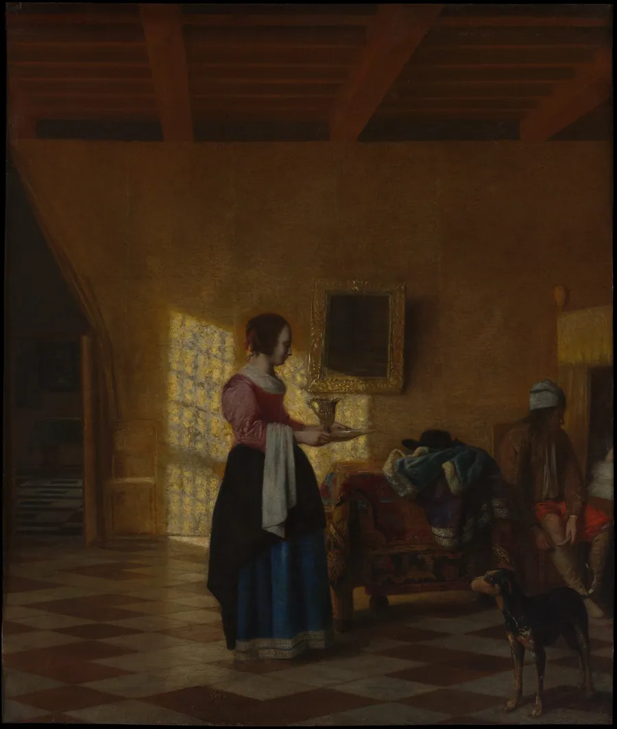 Woman with a Water Pitcher, and a Man by a Bed by Pieter de Hooch