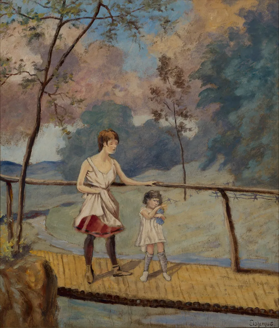 Two Girls on a Log Bridge by Louis Eilshemius, American, b. Arlington, New Jersey, 1864–1941