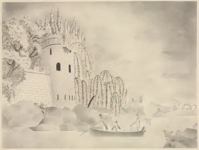 The Lonely Tower (Castle on a River with Willows and a Boat)