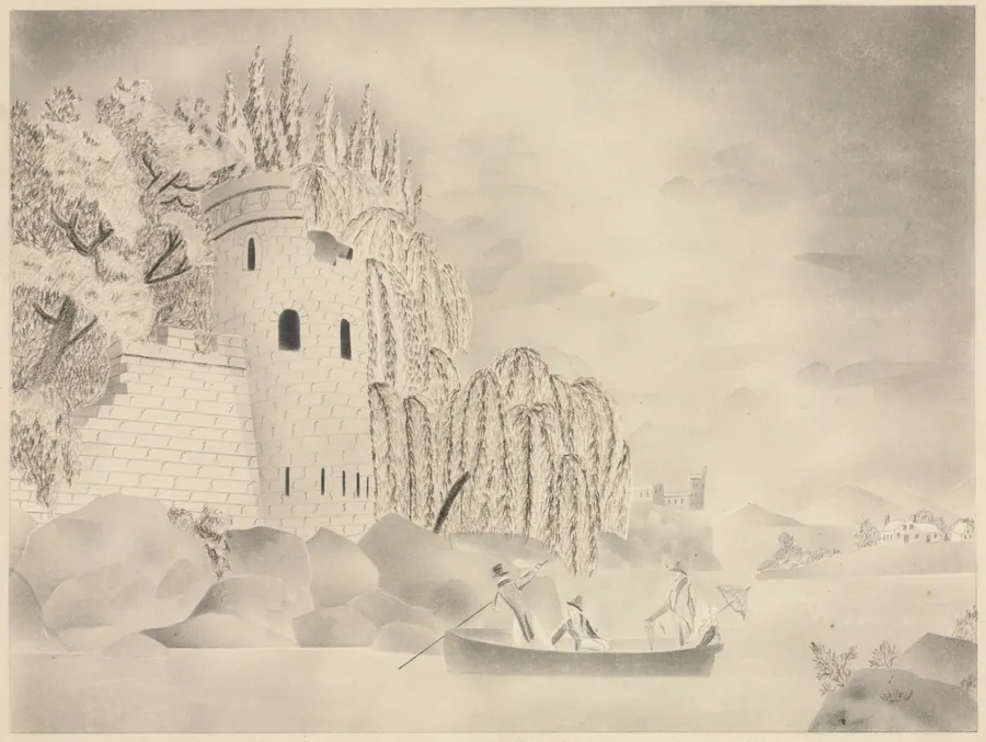 The Lonely Tower (Castle on a River with Willows and a Boat) by Mary Altha Nims