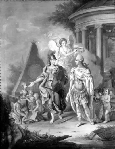Christian VII som kunstens og videnskabens beskytter. Allegori