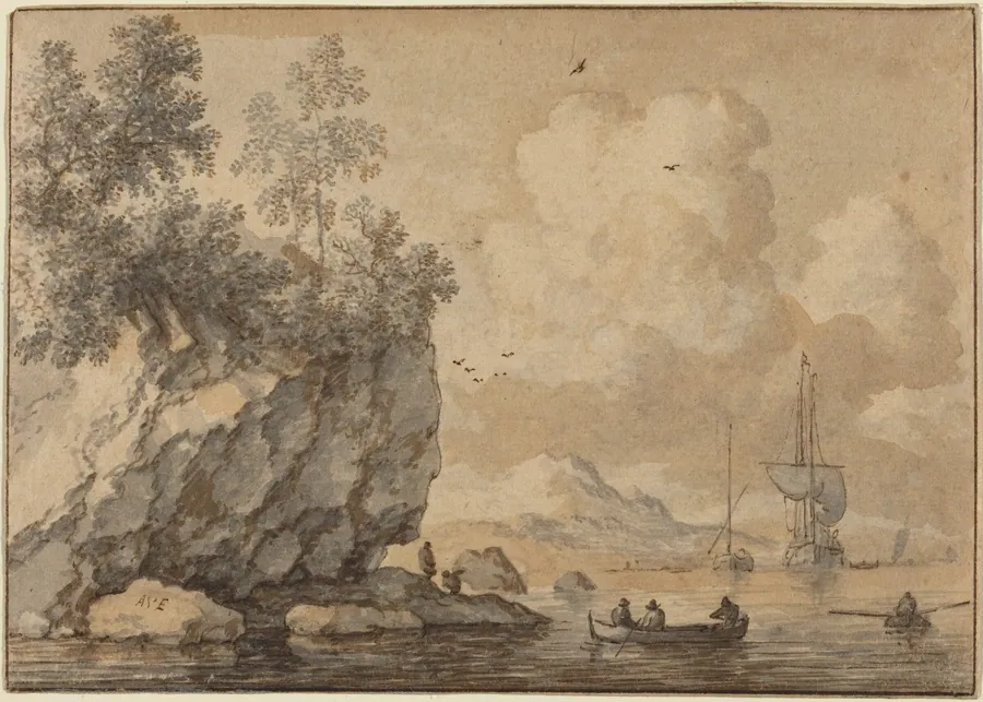 Figures in Rowing Boats in a Rocky Cove, Sailing Ships Beyond by Allart van Everdingen