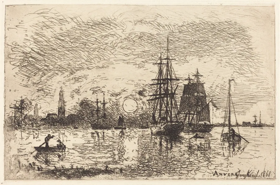 Soleil couchant, port d'Anvers (Sunset, Port of Antwerp) by Johan Barthold Jongkind