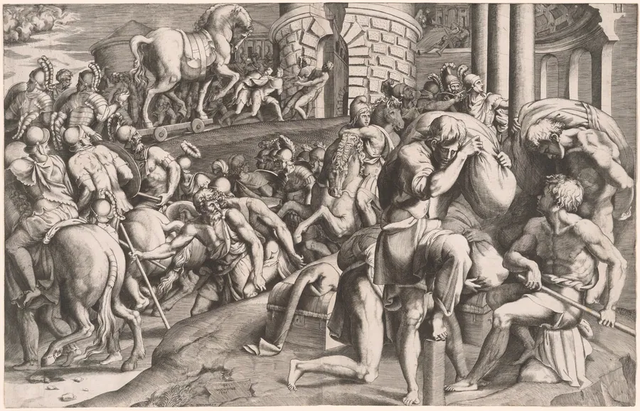 The Trojans Hauling the Wooden Horse into Troy by Giulio Bonasone
