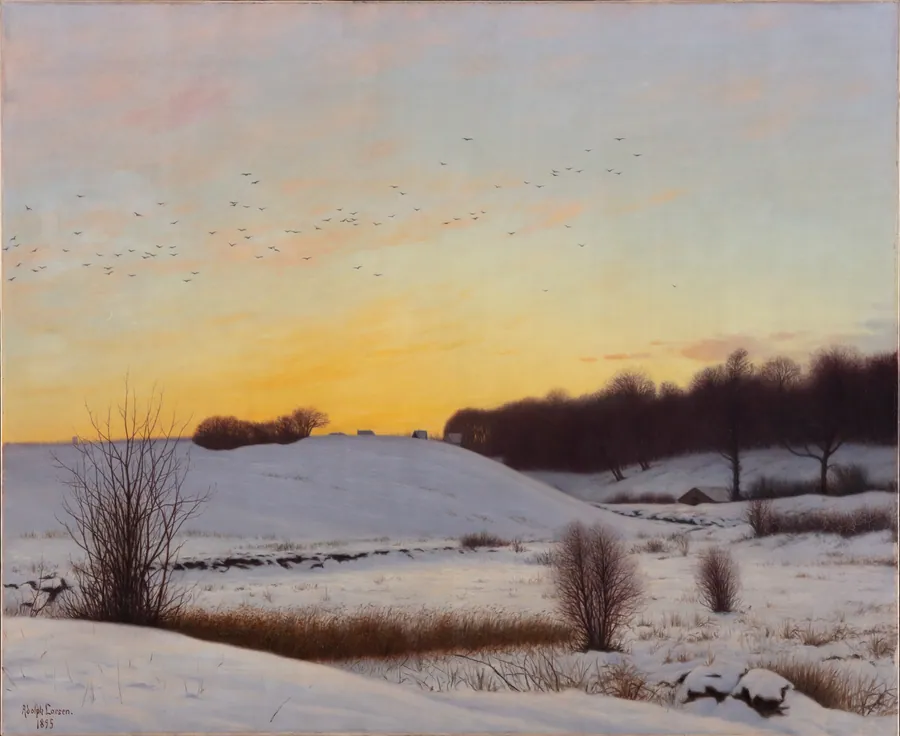Snelandskab med en bakke. Solnedgang. by Adolph Larsen