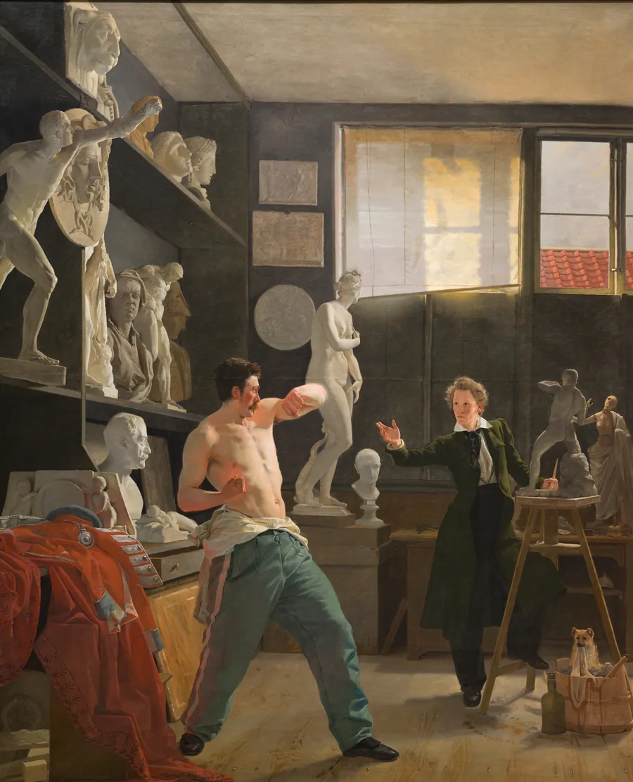 En billedhugger (Christen Christensen) arbejder efter levende model i sit atelier by Wilhelm Bendz