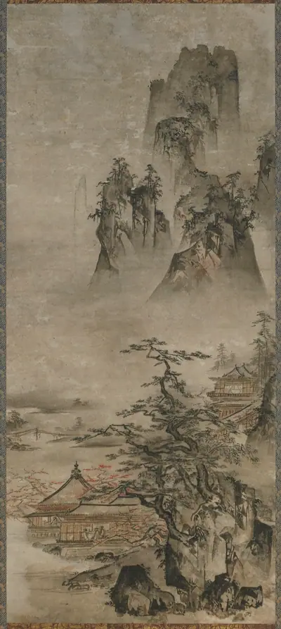 Landscape: mountains, stream and houses