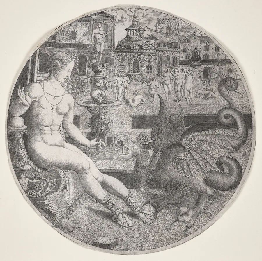 Naked Woman and a Dragon by Allaert Claesz.