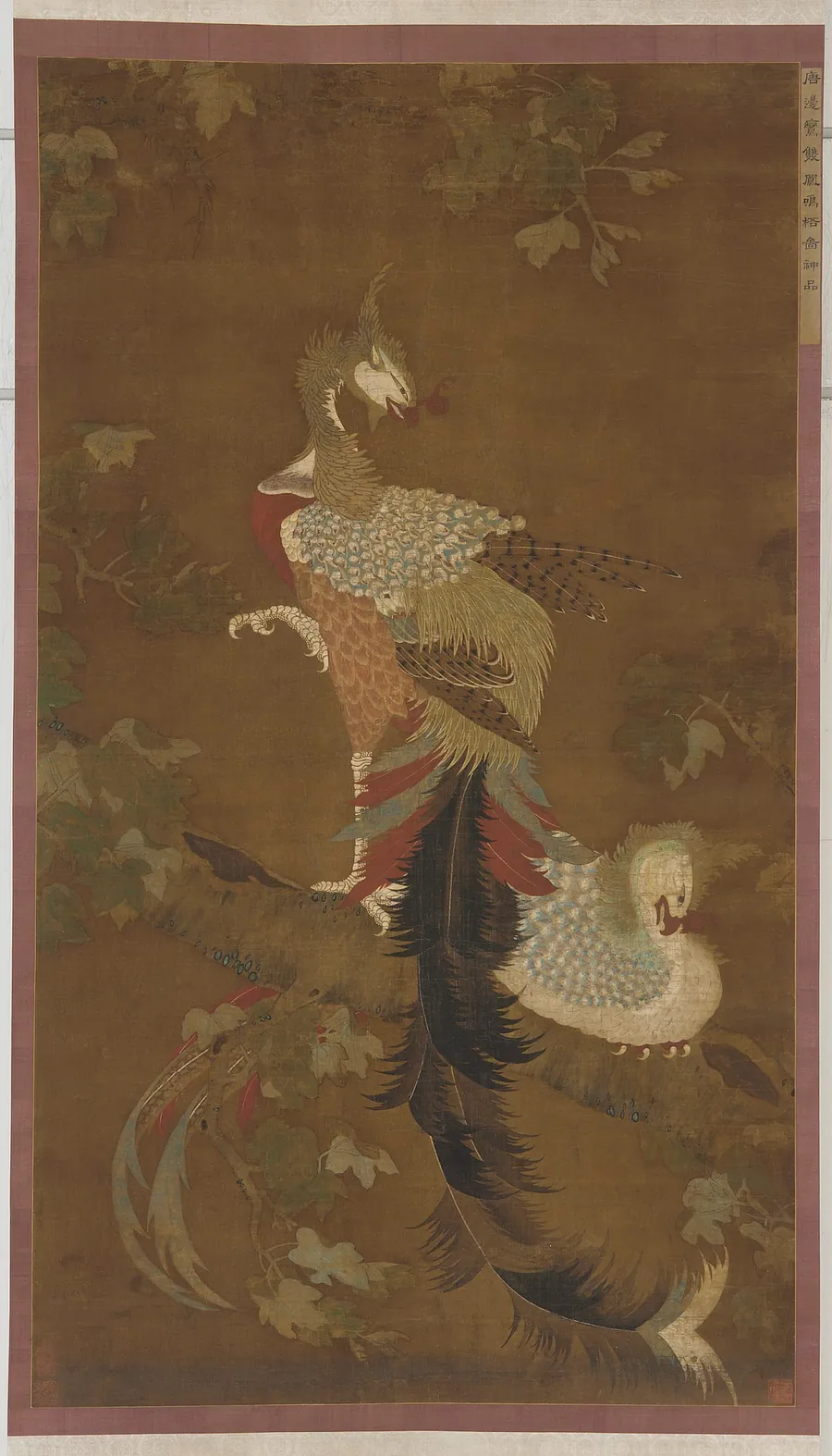 Pair of phoenixes on a firmiana tree by Formerly attributed to Bian Luan (active late 8th-early 9th century)