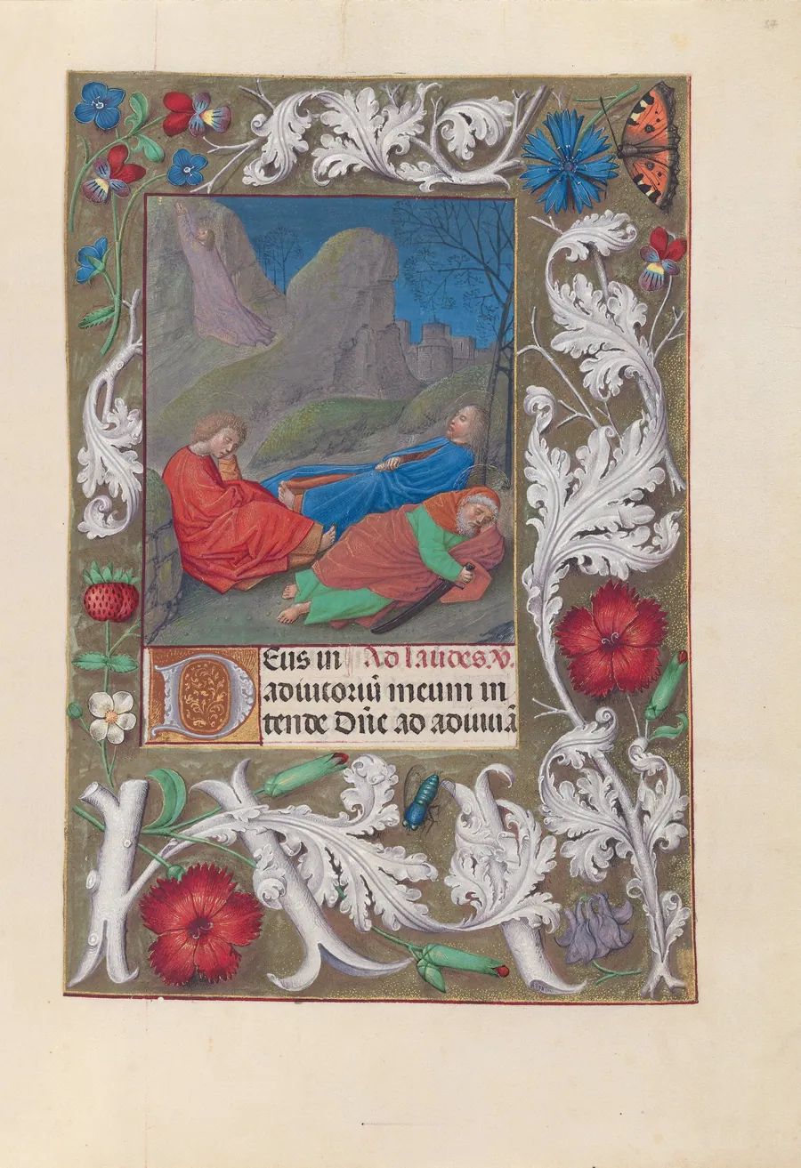 Hours of Queen Isabella the Catholic, Queen of Spain:  Fol. 57r, Agony in the Garden by Master of the First Prayerbook of Maximillian