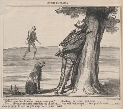 Eh! bien, monsieur Caboulot, vous ne venez pas?...., from Croquis de Chasse, published in Le Charivari, October 6, 1859