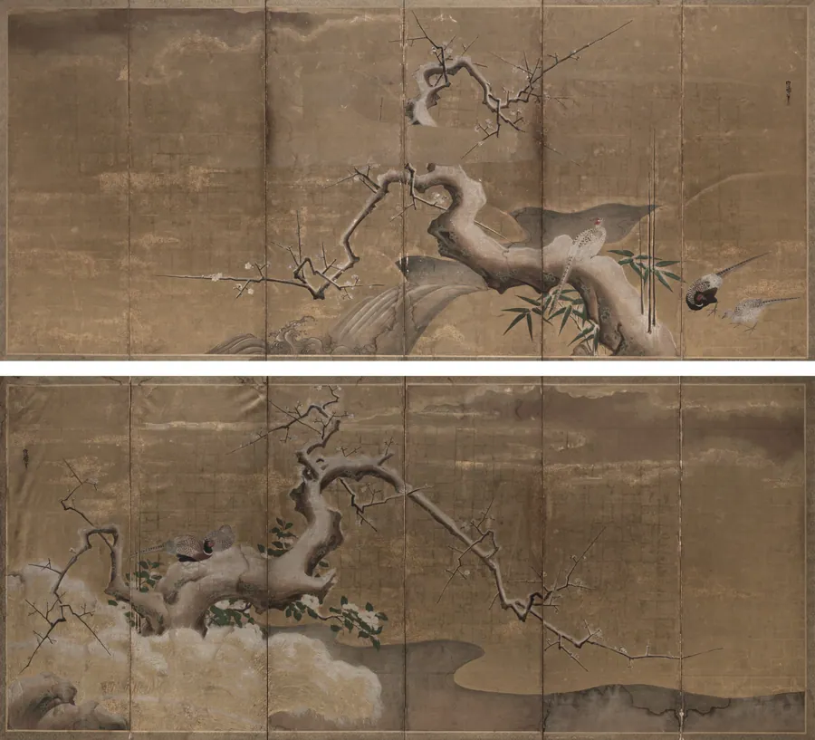 Winter Scene with Plum Trees and Pheasants by Kano Naonobu