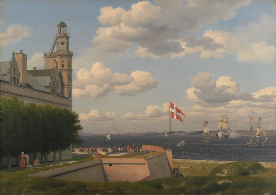 Udsigt fra Kronborg Vold over flagbatteriet og Sundet til den svenske kyst by C.W. Eckersberg