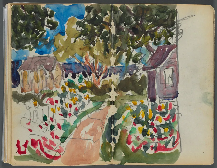 Sketchbook- The Granite Shore Hotel, Rockport, page 016 &17: Houses and Gardens by Maurice Prendergast