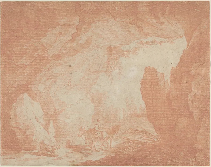 Young Woman with Donkeys Riding under a Natural Bridge by Hubert Robert