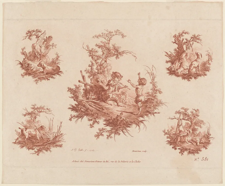 Singerie with Four Vignettes of Dogs Hunting by Gilles Demarteau the Elder