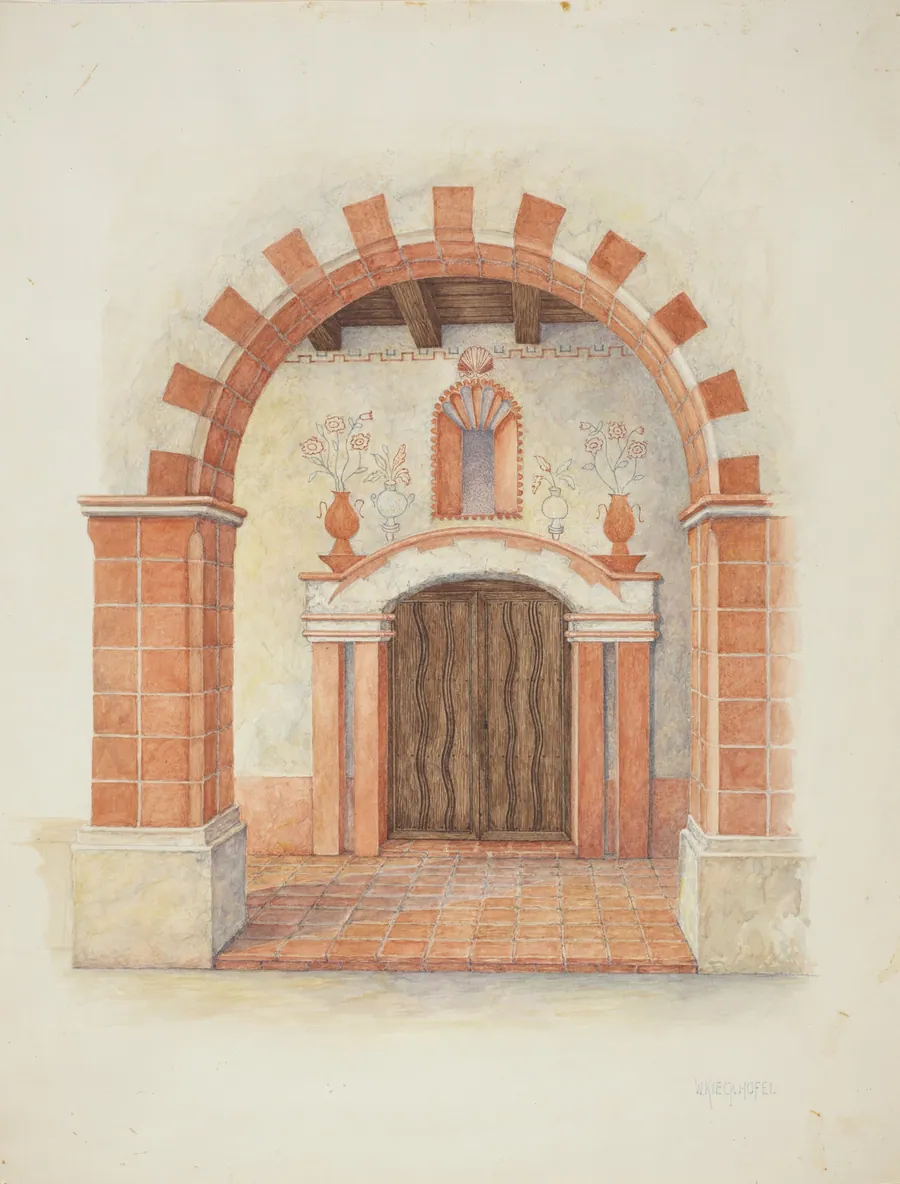 Restoration Drawing: Main Doorway & Arch to Mission House by William Kieckhofel