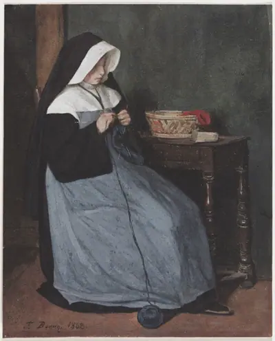 A Nun Seated at a Table Knitting