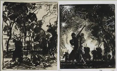 Scène nocturne; patrouille à la lisière d'un bois