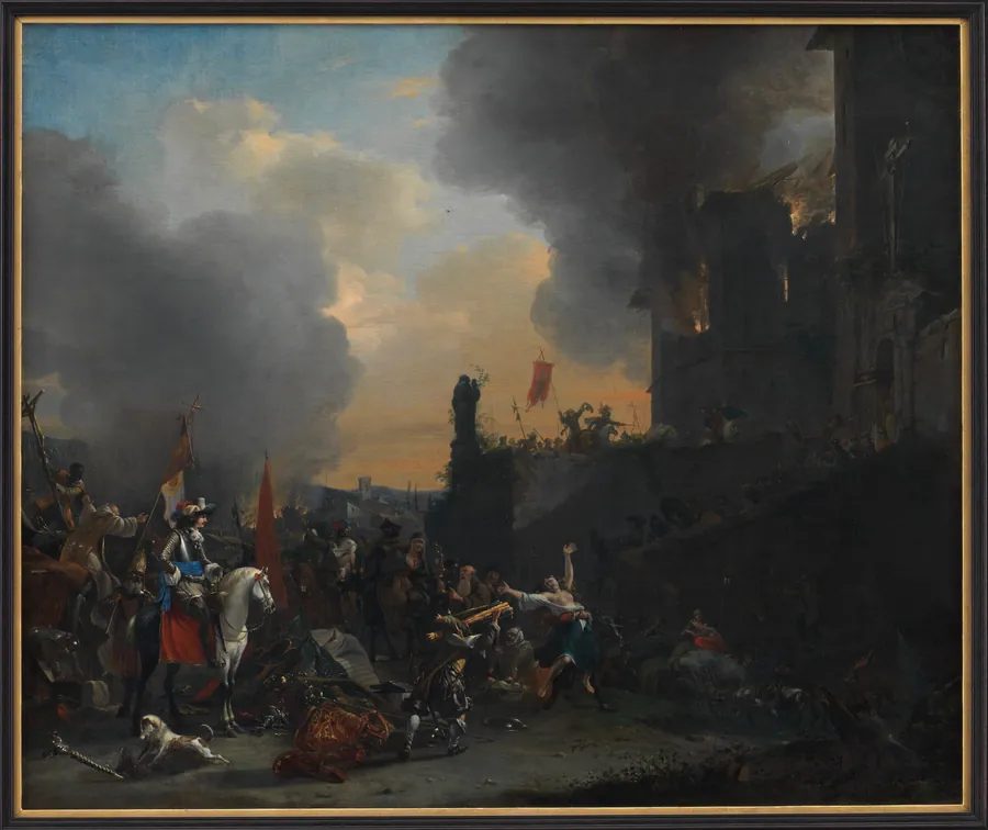Soldater plyndrer og afbrænder et kloster by Willem Schellinks