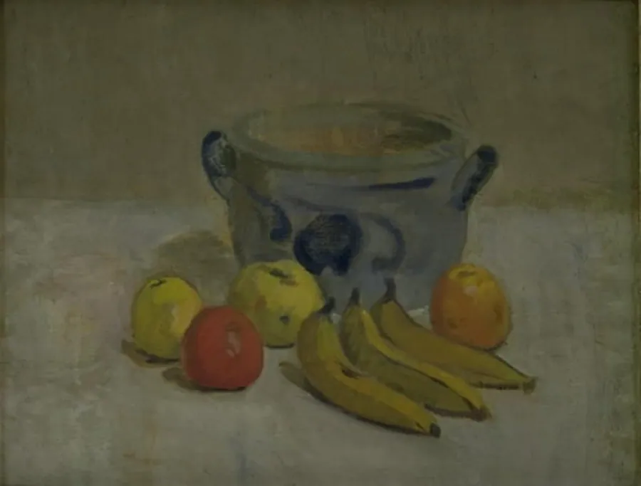 Opstilling, grå krukke, æbler, bananer by Isakson, Karl