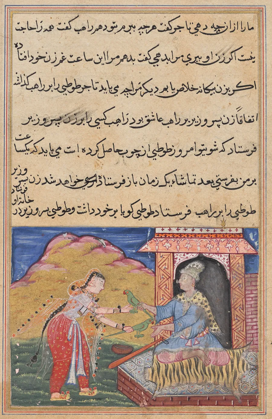 The wife of the son of the vizier brings the magic wooden parrot to her lover, the monk, who exchanges it for the replica, from a Tuti-nama (Tales of a Parrot): Tenth Night by Lalu