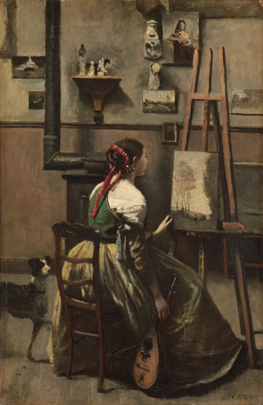 Corot's Studio: Woman Seated Before an Easel, a Mandolin in her Hand by Jean-Baptiste-Camille Corot