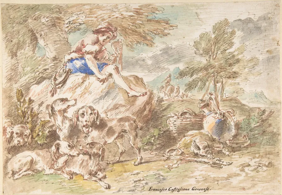 Young Hunter with His Dogs in a Landscape by Giovanni Francesco Castiglione