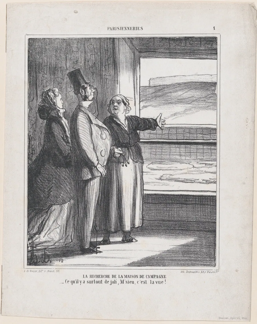 The search for a house in the country: What is especially beautiful, sir, is the view!, from 'Parisian habits,' published in Le Charivari, April 25, 1866 by Arnaud de Vresse