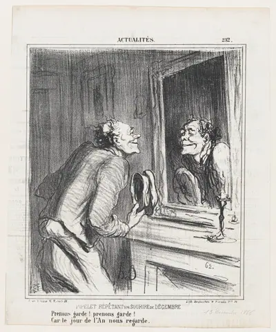 The concierge rehearsing his December smile: Take care! take care! For New Year's Day is approaching!, from 'News of the day,' published in Le Charivari, December 13, 1866